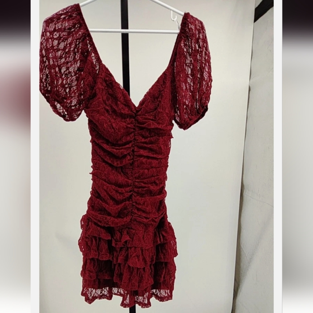 Lulus Darling Persuasion Burgundy Lace Puff Sleeve Tiered Mini Dress, Size S